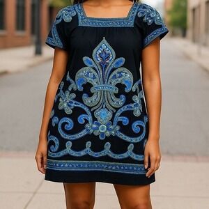 London Times Boho Embroidered Dress‎ Square Neck Short Sleeve Casual Size 8 EUC